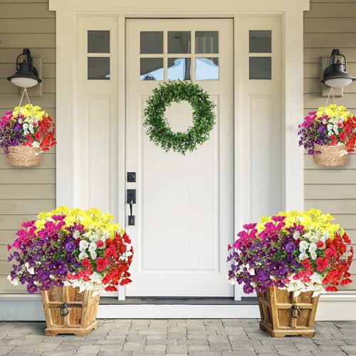 Artificial Flowers for Outdoors 12 Bundles Realistic Faux Plants UV Resistant Fake Silk Morning Glory with Eucalyptus for Front Door Planter Patio Porch Spring Summer Decoration (6 Mixed Color) - color: Mixed 6 Color