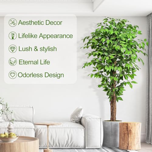 6.2ft Ficus Artificial Trees with 3 Natural Curved Trunks, 74" Tall Lush Faux Tree for Home Decor Indoor, Green Lifelike Fake Ficus Tree Plants (Set of 2) - size: 6.2ft