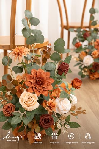 Ling's moment 17.5" Tall Standing Artificial Flowers Arrangements 2 pcs Wedding Aisle Runner Chair Decorations Terracotta & Burnt Orange Centerpieces for Ceremony Reception Rose Floral Party Outdoor - color: Terracotta & Burnt Orange