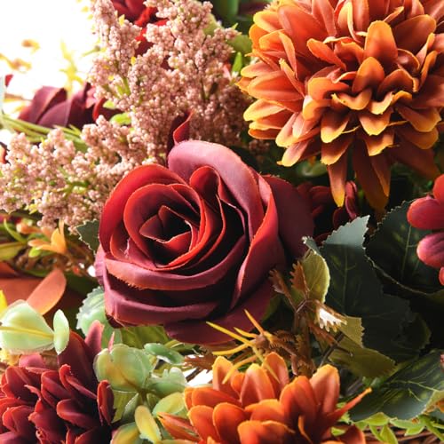 Artificial Faux Flowers in Vase, Fake Silk Floral Arrangements Rose Bouquets with Handmade Rattan Vase, Farmhouse Table Decorations Centerpieces for Dinning Room Kitchen Office Desktop (Brown) - color: Brown