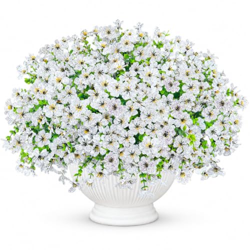 Artificial Flowers for Outdoors UV Resistant, 12 Bundles Realistic Faux Daisy with Eucalyptus Leaves Fake Plants for Porch Patio Planter Garden Decoration (White) - color: White