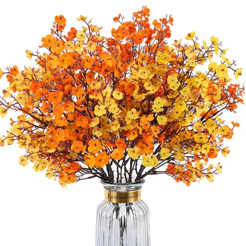 8Pcs Babys Breath Artificial Fake Fall Flowers, Real Touch Orange Yellow Plants Silk Flowers for Vase Home Office Wedding Indoor Outdoor Centerpiece Table Party Autumn Christmas Decorations - color: Orange Yellow, size: 8 Bundles