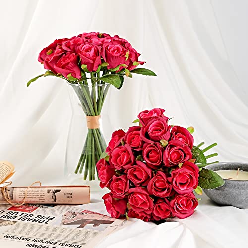 ZMZQ&flw 2 Bouquet Artificial Flowers 36 Heads Silk Red Roses Fake Flowers Single Stem for Outdoor Bridal Wedding - color: Red 36pcs