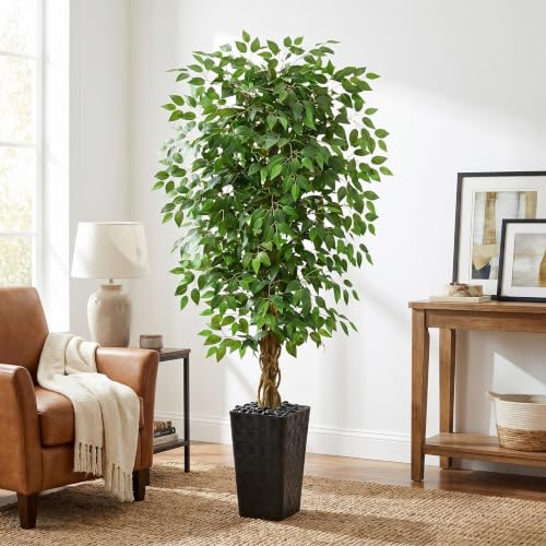 Artificial Ficus Tree 5FT Faux Floor Tree with Planter UV Resistant Potted Fake Silk Plant - Faux Trees Indoor Outdoor Lifelike Fake Ficus Tree for Home, Living Room Bedroom Topiary Tree - color: Black, size: 5ft