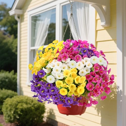 12Pcs Faux Silk Morning Glory with Eucalyptus, UV Resistant Realistic Artificial Flowers Outdoor Indoor Decor, Fake Plants for Porch Patio Garden Balcony Cemetery Home (Yellow,White,Purple,Rose Red)