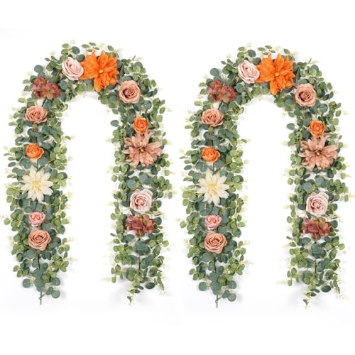 Waipfaru 2Pcs Fall Garland Decor, 6Ft Eucalyptus Flower Garland for Table, Fall Floral Vines with Terracotta Flowers for Wedding Arch Backdrop Wall Thanksgiving Decorations (Terracotta) - color: Terracotta-6.07ft, size: 2 Pack