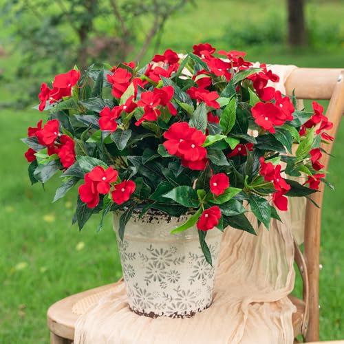 Fake Flowers Artificial Flowers for Outdoor，Artificial Impatiens Bouquet Flowers for Outdoors，Spring Flowers Artificial Impatiens Outdoor Silk Fake Flowers Indoor Decor 4PCS (Red) - color: Red-4