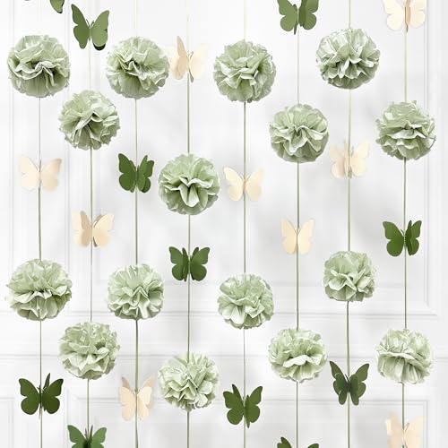 Sage Green Party Decorations Tissue Flowers Pom Pom Olive Green Beige 3D Butterfly Hanging Paper Garland Streamer Banner for Spring Themed Birthday Baby Shower Wedding Tea Party Home Decor Supplies - color: dusty green butterfly