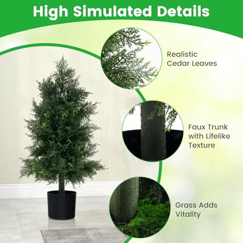 Goplus 31.5'' Artificial Cedar Topiary Trees for Outdoors, Potted Fake Cypress Trees with Cement Plastic Pot, Faux Cedar Pines Evergreen Plants for Indoor Home Front Porch Decor - size: 2ft 8in