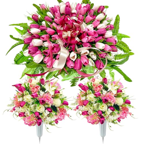 FLOWERIA Headstone Flower Saddle Artificial Flowers for Cemetery Grave Decoration, Large Size Tulip, Pink-white - color: Pink-white, size: 2 Bouquets 1 Saddle