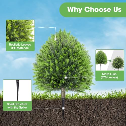 25.6" Artificial Cedar Topiary Ball Plants: Set of 2 Fake Cypress Bushes with Spike – UV Resistant Artificial Shrubs, Evergreen Fake Tree for Outdoor Indoor Porch Garden Balcony - color: Pine