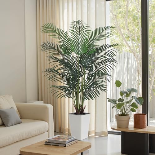 Artificial Palm Tree with White Tall Planter, 6ft Tall Potted Artificial Silk Palm Tree Plant, Fake Tropical Plant, Home Office Floor Room Decor Plants Indoor Outdoor, Housewarming Gift - size: 6ft