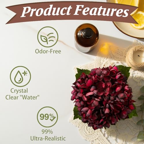 Burgundy Artificial Hydrangea Flowers with Glass Vase, Faux Floral Arrangements with Fake Water, Lifelike Hydrangeas Table Centerpieces for Dining Room, Coffee Table, Bathroom Decor - color: D-burgundy