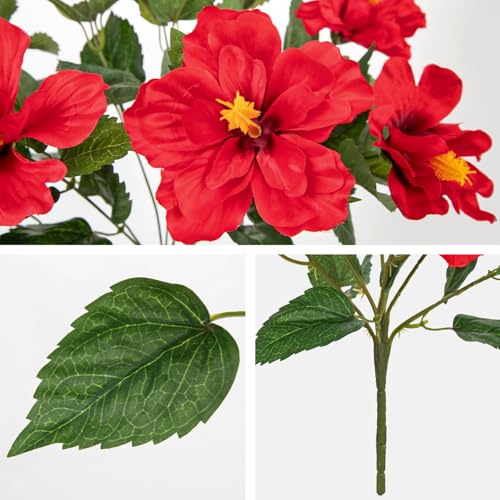 Briful 3 Bundles Artificial Hibiscus Flowers 13in, Short Faux Hibiscus Stems with Full Blooms, Silk Tropical Flowers for Small Vase, Hanging Basket, Centerpiece, Party, Indoor Outdoor Decor, Red - color: Red#944