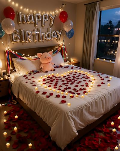 Amagic 1000 Pieces Artificial Rose Petals with 12 Heart LED Tea Lights Candles Kit, Rose Petals and Candles Set for Proposal, Anniversary, Valentine's Day, Special Romantic Night, Wedding Table Decor - color: 12 Pcs White Candles + 1000 Pcs Red-Black Peta