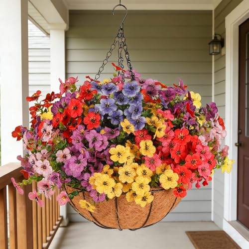 Artificial Outdoors Flowers with Hanging Basket, UV Resistant Fake Hanging Flowers, Faux Silk Plants with Planters for Porch Home Patio Balcony Yard (Rose Red, Red, Purple, Yellow, Pink, Blue) - color: 6 Multicolor, size: 1PCS