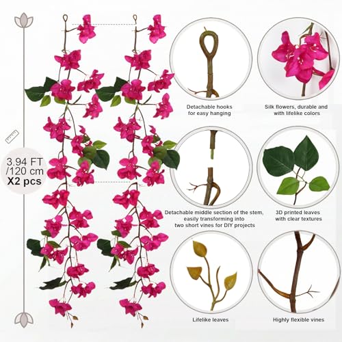Bougainvillea Artificial Flowers Garlands, 3.94ft 2PCS Detachable UV Resistant Faux Bougainvillea Hanging Flowers Vines for Outdoor Patio Garden Decor(Fuchsia) - color: Fuchsia