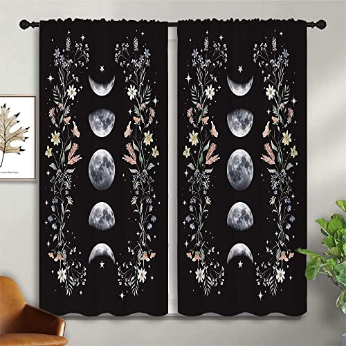 Boho Floral Wildflower Rod Pocket Blackout Curtains for Boy Girl Bedroom, Moon Phase Moonlit Garden Witchy Gothic Aesthetic Thermal Insulated Home Window Drapes for Living Room Darkening, 42x45 inch - color: Boho Floral Wildflower-003, size: 42"W x 45"L (