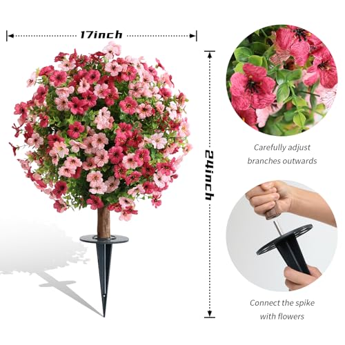 momoplant Artificial Boxwood Topiary Ball Tree with Mum Flowers 24” Tall Faux Plant with Ground Spikes Set of 2 Fake Flower Bushs for Farmhouse Porch Home Garden Decor - size: 2 Pcs with Spike（Red&Pink）