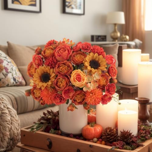 8 Pcs Mixed Autumn Artificial Peony Flower Set-4 Bouquets & 4 Stems, Orange Yellow Fake Peony Sunflower Rose Silk Flower for Fall Table Centerpiece Farm Wedding Thanksgiving Halloween Home Decor - color: Orange & Yellow, size: Mixed 8pcs