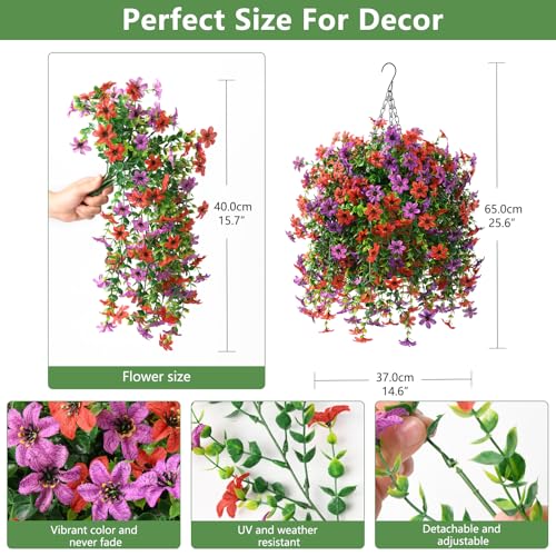 INQCMY Artificial Faux Hanging Flowers Plants Basket for Outdoor Outside Spring Decoration,UV Resistant Fake Silk Daisy in Planter Resistant Look Real for Home Porch Balcony Patio Yard Decor - color: Red Purple