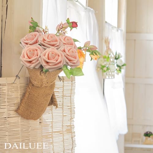 Artificial Roses Flowers 16Pcs Real Touch Roses with Stem Foam Fake Roses for DIY Wedding Bouquets Centerpieces Arrangement Party Baby Shower Home Decorations (Pink Champagne) - color: Pink Champagne
