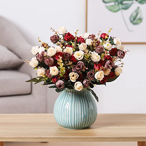 Duovlo 7 Branch 21 Mini Rose Heads Artificial Flowers Bouquet Wedding Home Office Decor,Pack of 2 (2 PCS Red) - color: 2 Pcs Red