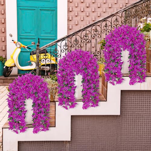 2PCS Faux Bougainvillea UV Resistant Artificial Flowers Plants for Outdoors Faux Hanging Bougainvillea Flowers Outside Decoration Fake Silk Long Trailing Vines for Front Door Porch Patio (Purple) - color: Purple