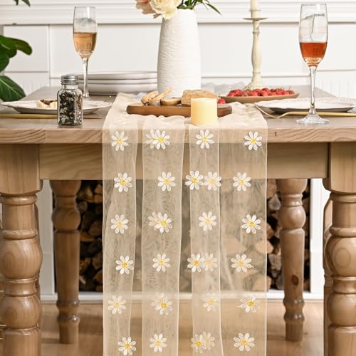 Artoid Mode Beige Apricot Daisy Gauze Embroidery Table Runner 120 Inch 10FT, Tulle Seasonal Spring Kitchen Dining Holiday Table Decor for Home Party - color: Beige Apricot