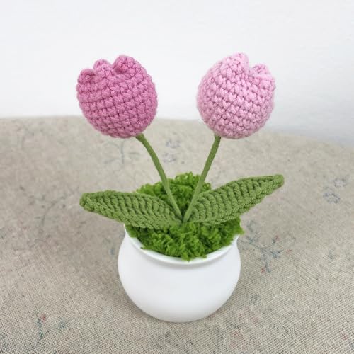 Joekaran Crochet Flowers Cute Little Potted Flower, Gift for Birthday, Teacher’s Day, Graduation, Anniversary, Christmas, Decor for Car Dashboard,Home Office Decoration (Pink Gradient Tulips) - color: Pink Gradient Tulips