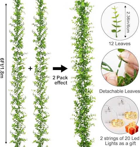 Dolicer 3 Packs Eucalyptus Garland with LED Lights String, 18FT Faux Eucalyptus Greenery Garland, Artificial Hanging Green Eucalyptus Leaves Vine Wedding Backdrop Arch Wall Table Decor (Grey Green) - color: Grey Green With Light, size: 3 Packs