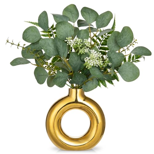 Artificial Eucalyptus Stems in Ceramic Vase 14.23" Fake Eucalyptus Plant Decor Gold Donut Vase with Greenery Centerpiece Table Decorations Small Faux Green Plant for Home Farmhouse Wedding Table Decor - color: Gold