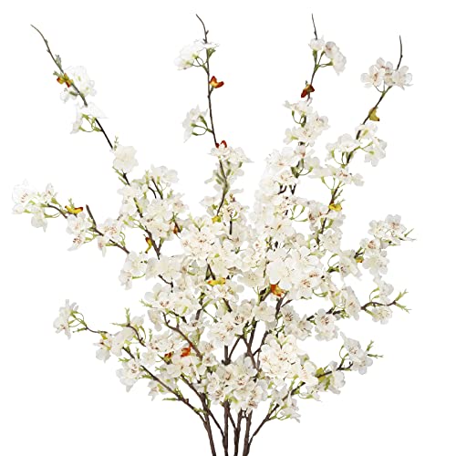 obbsie 4pcs Artificial Cherry Blossom Flower Branches, 39.4" Fake Silk Pink Cherry Blossom Tree Stems Faux Cherry Flowers Vase Arrangements for Home Wedding Table Centerpieces Vase DIY Decor, White - color: White, size: 4pcs