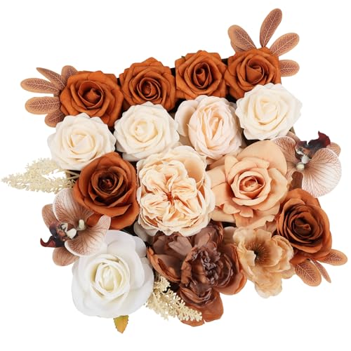 Artificial Flowers Combo Box Set Fall Fake Flowers Silk Mix Roses Peonies with Stems for DIY Bridal Wedding Decor Bouquets Centerpieces Baby Shower Party Home Decorations Orange Champagne 23pcs - color: Orange Champagne