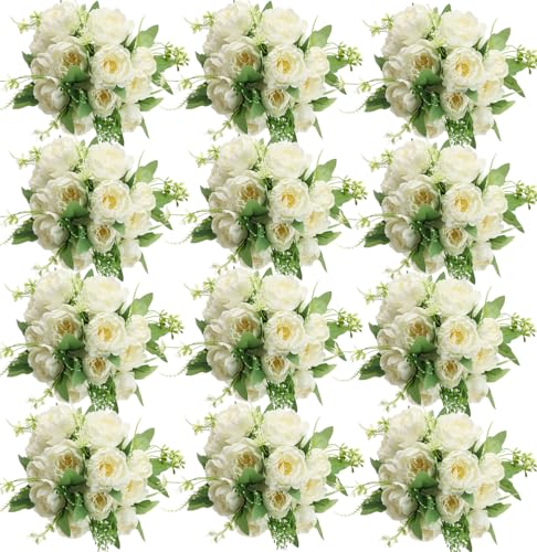 12 Bundles White Peonies Artificial Flowers Bulk for Centerpiece | Realistic Silk Flowers, Wedding Decoration, Home Table Centerpiece, DIY Bouquet - color: White