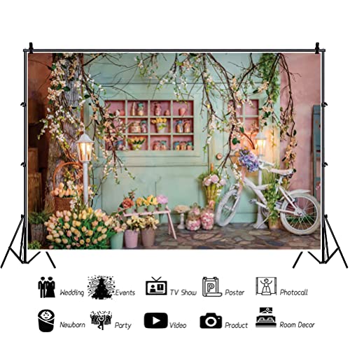 Renaiss 7x5ft Flower Shop Backdrop for Photoshoot Kids Adults Portrait Bicycle Blossom Branches Tulip Pink Green Florist Photography Background Baby Shower Wedding Bday Party Decors Photo Booth Props - size: 7x5ft