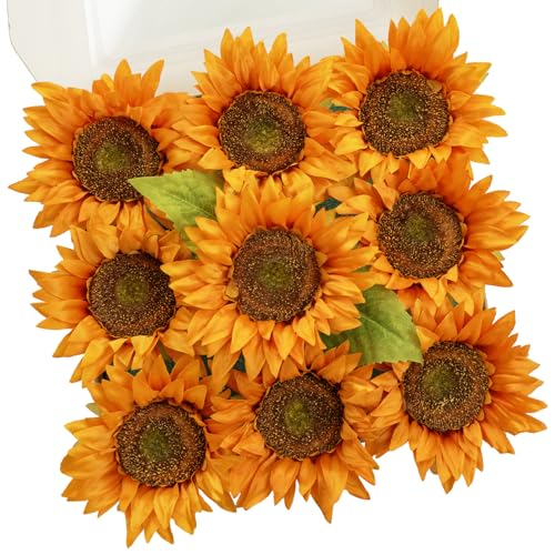 TINGE TIME 9 pcs Sunflowers Artificial Flowers, 6'' Silk Fake Sunflowers with Stems, Orange Faux Sunflowers for DIY Outdoors Decor Home Decor Tables Centerpieces - color: Orange