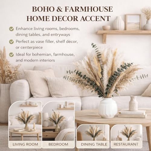 Natural Dried Pampas Grass Bouquet with Eucalyptus, 17” Boho Floral Arrangement for Vase, Home Office Farmhouse Decor, Wedding Centerpieces, Rustic Home Decor