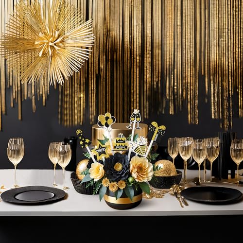 TICIAGA 14PCS Black Gold Birthday Wooden Decorative Picks, Vintage Gold Black and Silver Double-Sided Wooden Picks Cheers to Birthday Table Decorations, Black Gold Wood Decor for Home Vase Filler - color: Birthday Black Glod