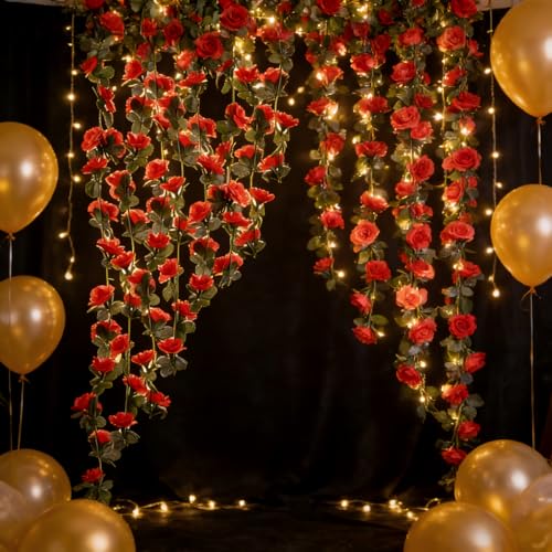 Artificial Flower Garland 90.5 Inch/230CM - Fake Roses Vines Floral Vines, Silk Faux Plastic Hanging Floral Garland for Wedding Arch, Bedroom, Home Wall, Backdrop, Outdoor & Indoor Decor (Red) - color: Red
