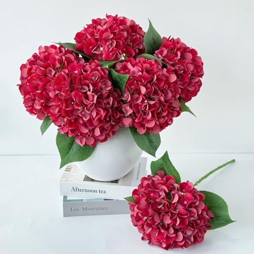 ZYTUYO 5 Pcs Red Silk Hydrangeas Artificial Flower Boho Dried Touch 20'' Faux Hydrangeas for Fall Home Decor Kitchen Living Room Porch Wreath Xmas Wedding Flower Arrangement - color: Red