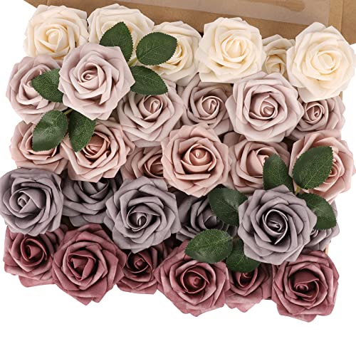 MACTING Artificial Rose Flowers 30PCS Real Touch Fake Flowers with Stem Wedding Foam Roses Bulk for Boutonniere Bouquet Party Bridal Shower Home Spring Mothers Day Decorations (Dusty Rose Series) - color: Dusty Rose, size: 30PCS