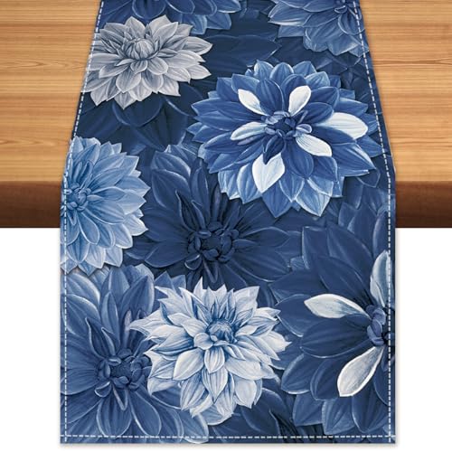 Navy Blue Dahlia Flower Summer Table Runner Blue Gray Burlap Table Runners, Spring Elegant Floral Seasonal Coffee Table Center Decor for Home Kitchen Dining Party Indoor Outdoor 13x36 Inch - color: Navy Blue, size: 13" x 36", Table Runner