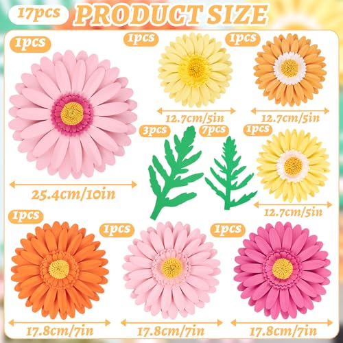 SUNBEAUTY Large Paper Flower Decoration for Wall 3D Large Paper Flower Pink Orange Daisy with Green Leaves Artificial Flower Wall Hanging for Classroom Bulletin Board Office Garden Tea Party Birthday - color: Daisy Flower-pink,orange