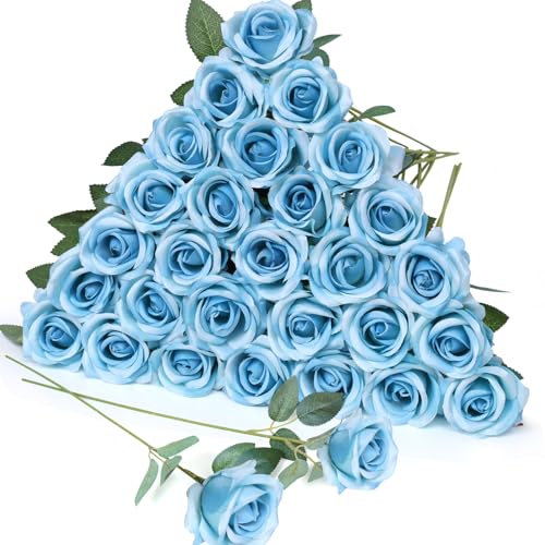 30pcs Sky Blue Artificial Roses with Long Stems Realistic Bouquet Blue Fake Silk Rose Artificial Flowers Bulk for Bridal Wedding Bouquet Centerpiece Ball Arrangement Party Decor - color: Sky Blue