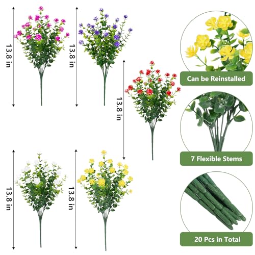 Bassion 20 Bundles Artificial Flowers for Outdoors Decoration UV Resistant Faux Flowers Fake Plastic Plants Shrubs for Indoor Outside Garden Porch Hanging Planter Window Box Home Decor - color: Multi Color