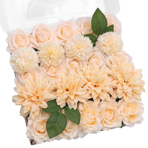 TINGE TIME Champagne Artificial Flowers, Fake Flower Leaf with Stems for DIY Champagne Wedding Bouquets Table Centerpieces Baby Shower Home Party Floral Arrangements Decorations - color: Champagne