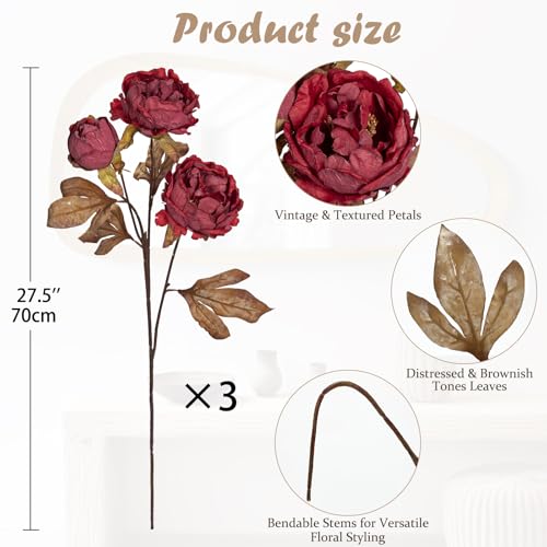 Briful Artificial Dried Look Fall Peony Flowers 3PCS 27.5in Tall Burgundy Vintage Silk Peony Bouquet Realistic Fake Peonies Floral Stems for Autumn Home Wedding Vase Centerpieces Arrangements Decor - color: Burgundy