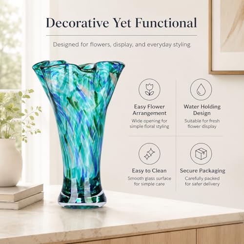 9.0" H Teal Glass Vases for Flowers, Unique Hand Blown Glass Vase Green Home Decor, Wide Mouth Colorful Flower Vase Centerpieces, for Living Room Table Bookshelf, Bathroom Office Shelf Decorative - color: Teal
