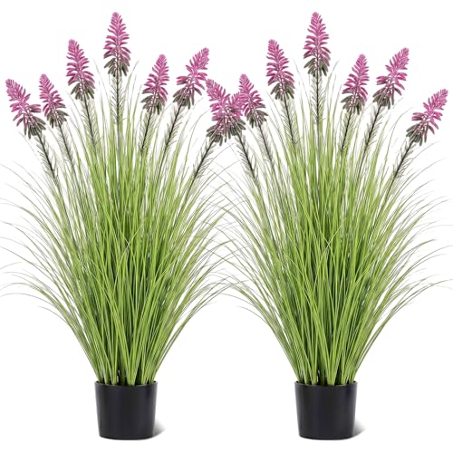 Jexine 2 Pieces 4 ft Artificial Tall Grass Plants Outdoor with Purple Cockscomb Flower Tall Artificial Grass Green Onions Plant Potted for Housewarming Gift House Garden Lobby Outdoor - color: Purple Cockscomb Flower